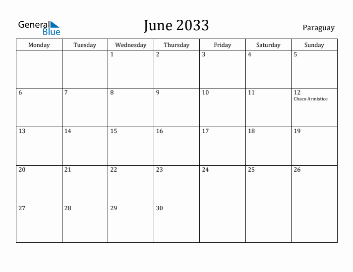 June 2033 Calendar Paraguay