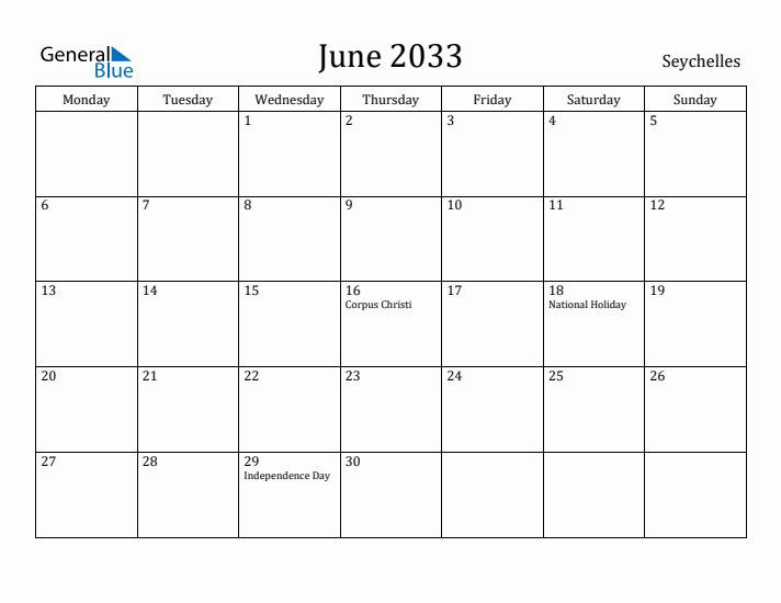 June 2033 Calendar Seychelles