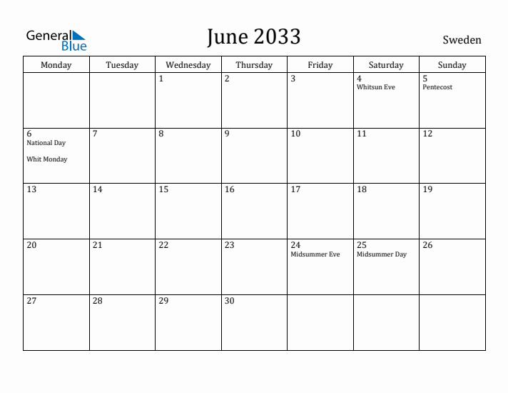 June 2033 Calendar Sweden