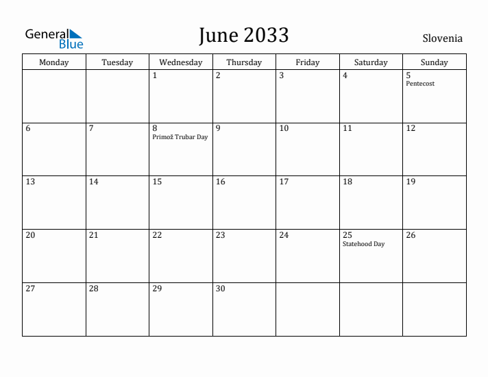 June 2033 Calendar Slovenia