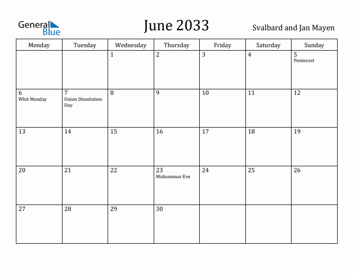 June 2033 Calendar Svalbard and Jan Mayen