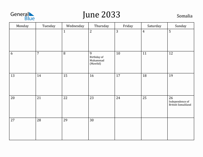 June 2033 Calendar Somalia