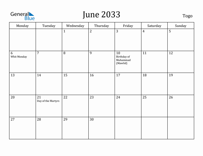 June 2033 Calendar Togo