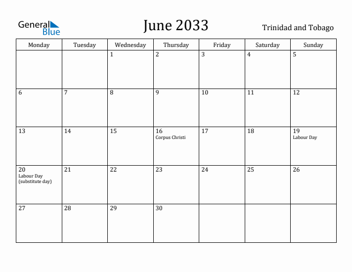 June 2033 Calendar Trinidad and Tobago