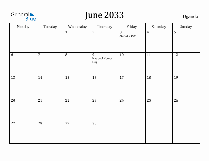 June 2033 Calendar Uganda
