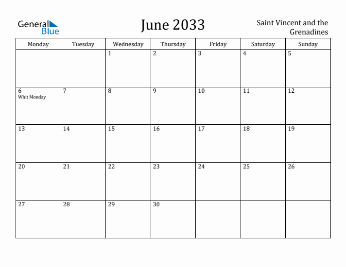 June 2033 Calendar Saint Vincent and the Grenadines