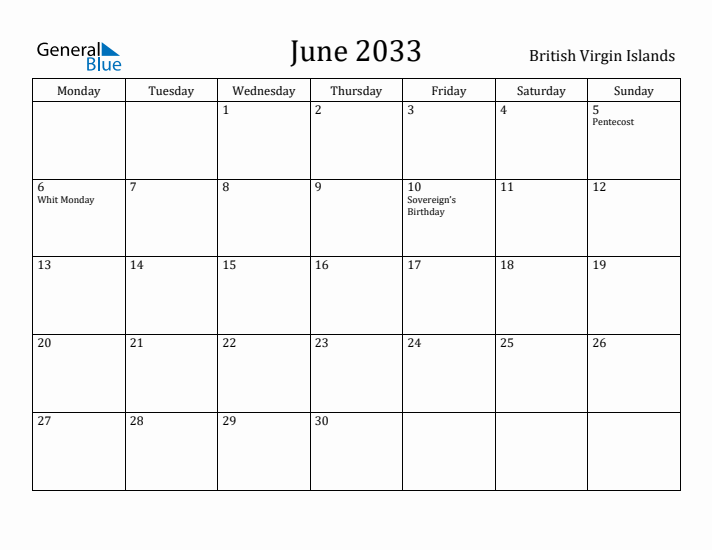 June 2033 Calendar British Virgin Islands