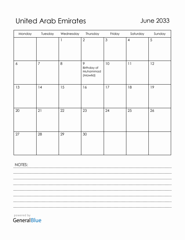 June 2033 United Arab Emirates Calendar with Holidays (Monday Start)