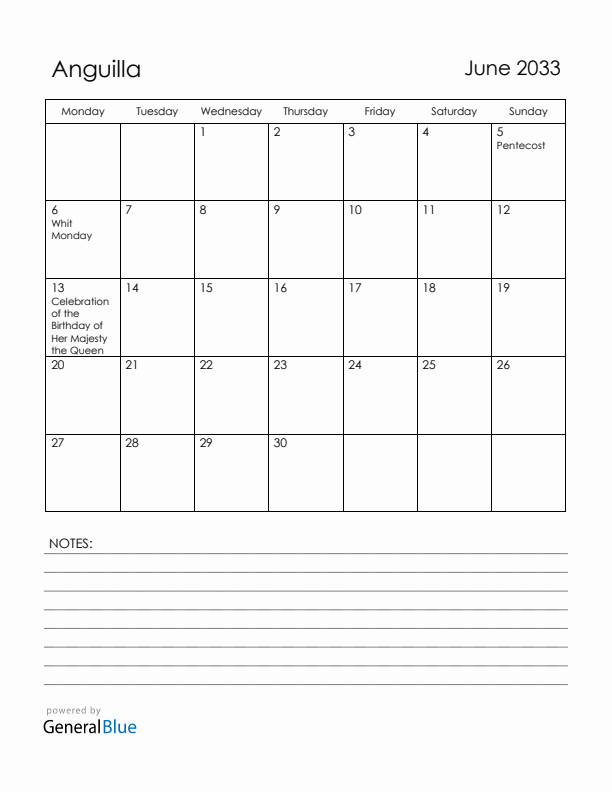 June 2033 Anguilla Calendar with Holidays (Monday Start)