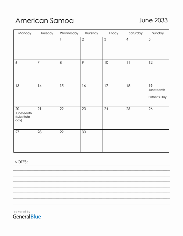June 2033 American Samoa Calendar with Holidays (Monday Start)