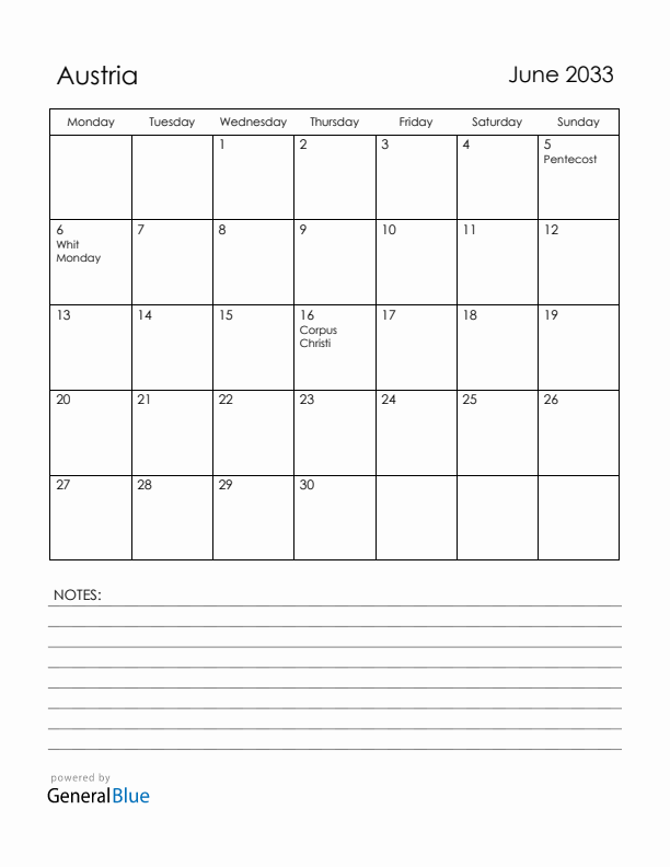 June 2033 Austria Calendar with Holidays (Monday Start)