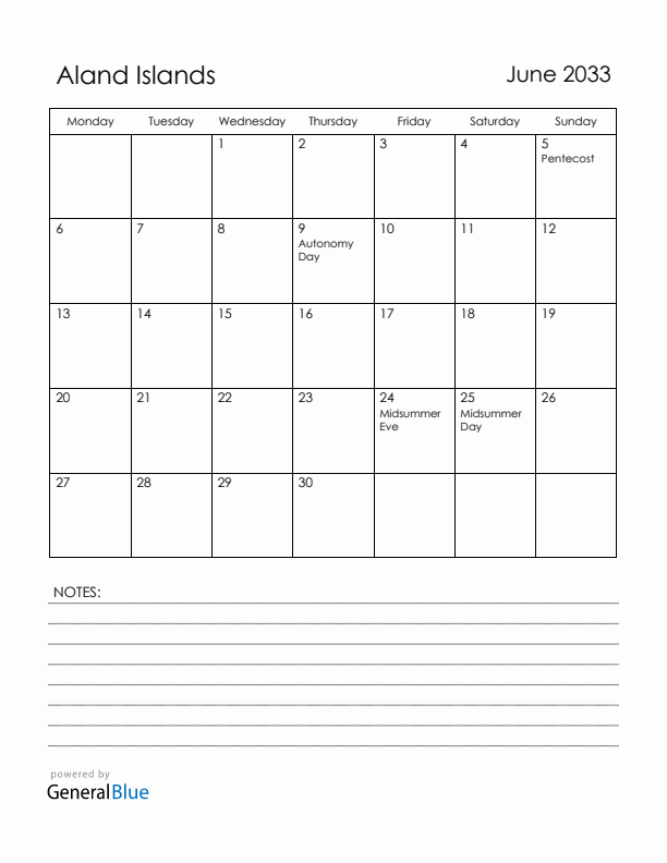 June 2033 Aland Islands Calendar with Holidays (Monday Start)