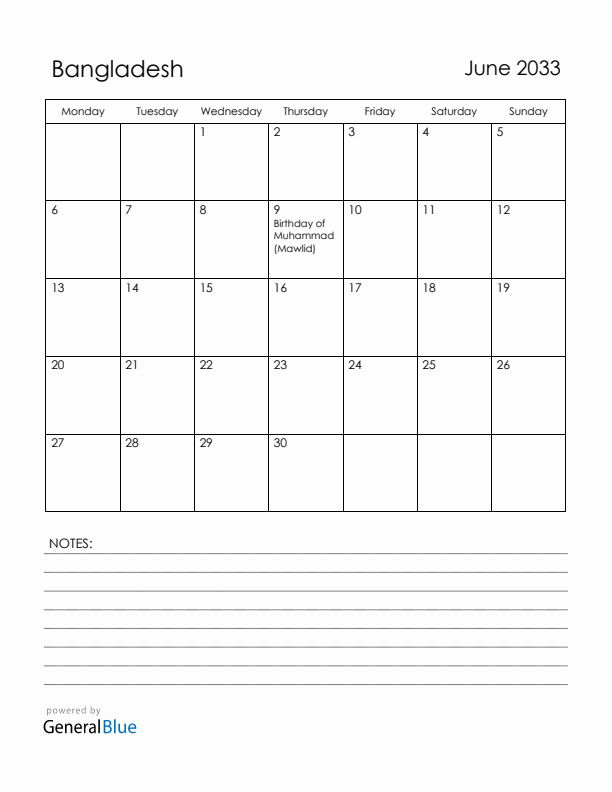 June 2033 Bangladesh Calendar with Holidays (Monday Start)