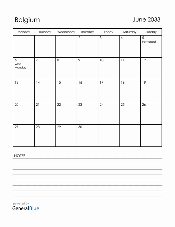 June 2033 Belgium Calendar with Holidays (Monday Start)