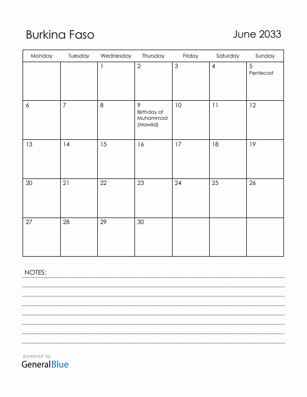 June 2033 Burkina Faso Calendar with Holidays (Monday Start)