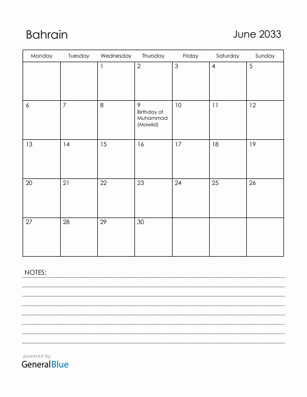 June 2033 Bahrain Calendar with Holidays (Monday Start)