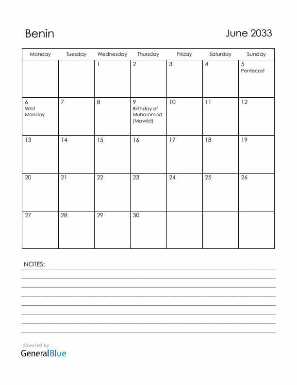 June 2033 Benin Calendar with Holidays (Monday Start)