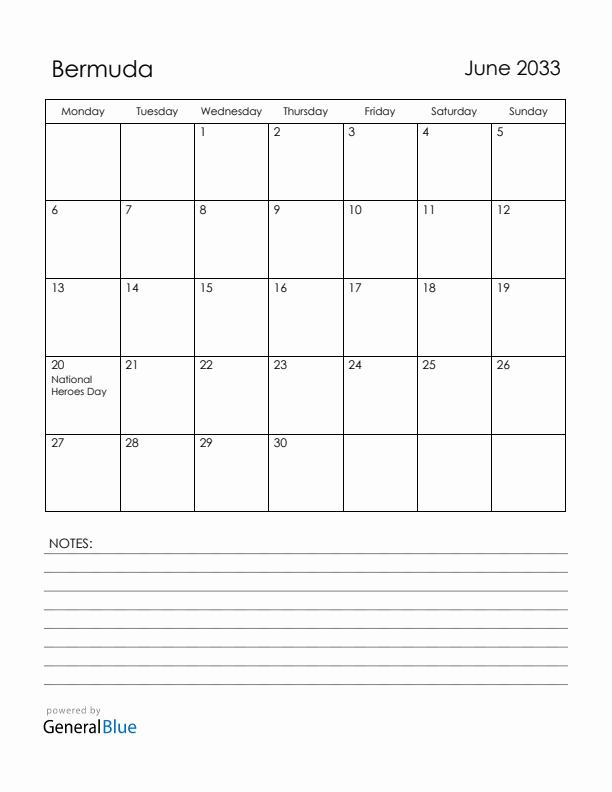 June 2033 Bermuda Calendar with Holidays (Monday Start)