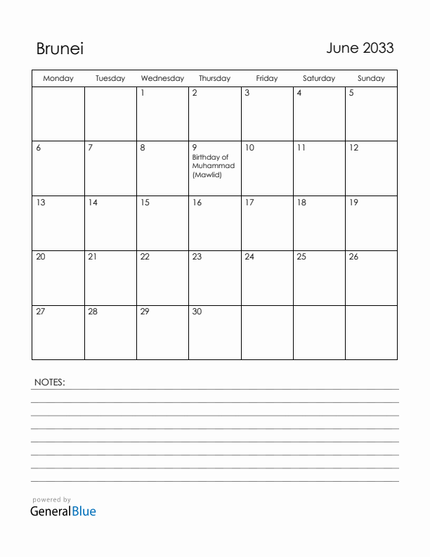 June 2033 Brunei Calendar with Holidays (Monday Start)