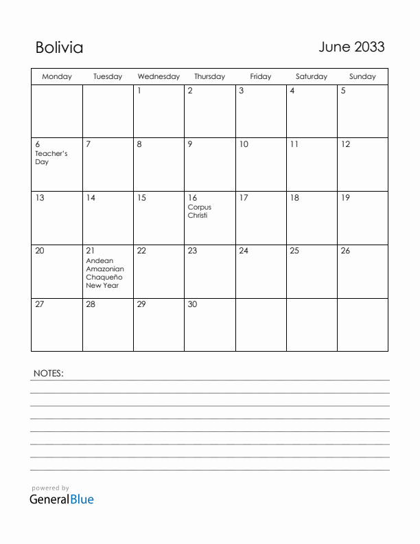 June 2033 Bolivia Calendar with Holidays (Monday Start)