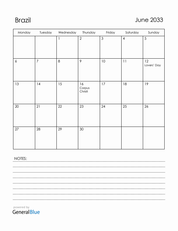 June 2033 Brazil Calendar with Holidays (Monday Start)