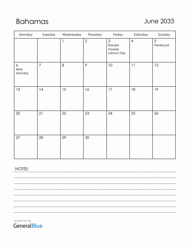 June 2033 Bahamas Calendar with Holidays (Monday Start)
