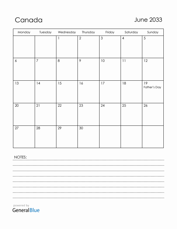June 2033 Canada Calendar with Holidays (Monday Start)