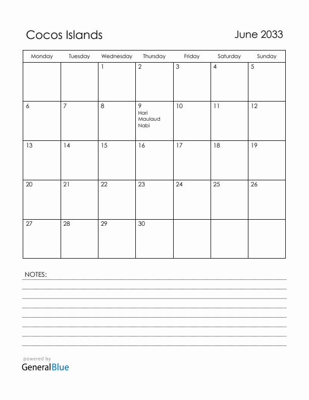 June 2033 Cocos Islands Calendar with Holidays (Monday Start)