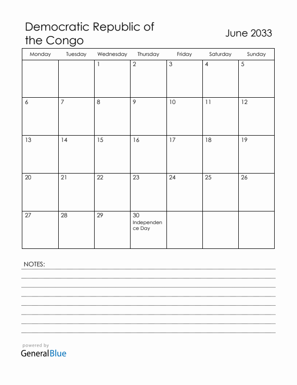 June 2033 Democratic Republic of the Congo Calendar with Holidays (Monday Start)