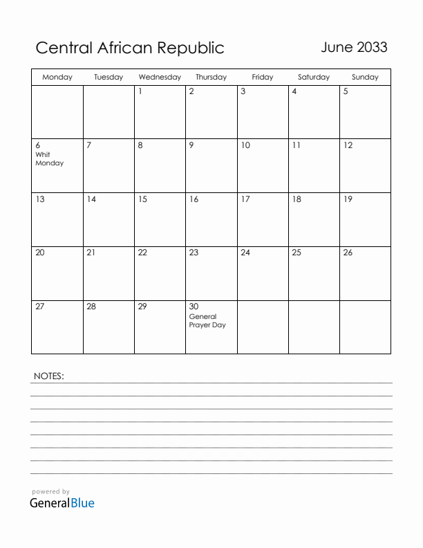 June 2033 Central African Republic Calendar with Holidays (Monday Start)