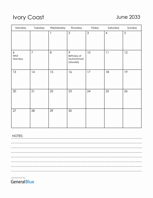 June 2033 Ivory Coast Calendar with Holidays (Monday Start)