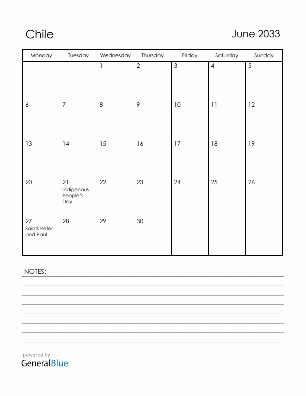 June 2033 Chile Calendar with Holidays (Monday Start)