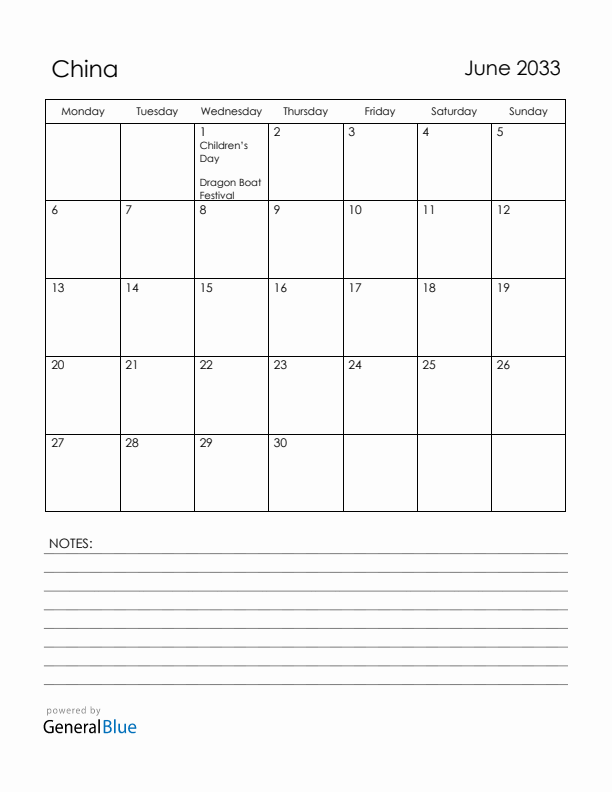 June 2033 China Calendar with Holidays (Monday Start)