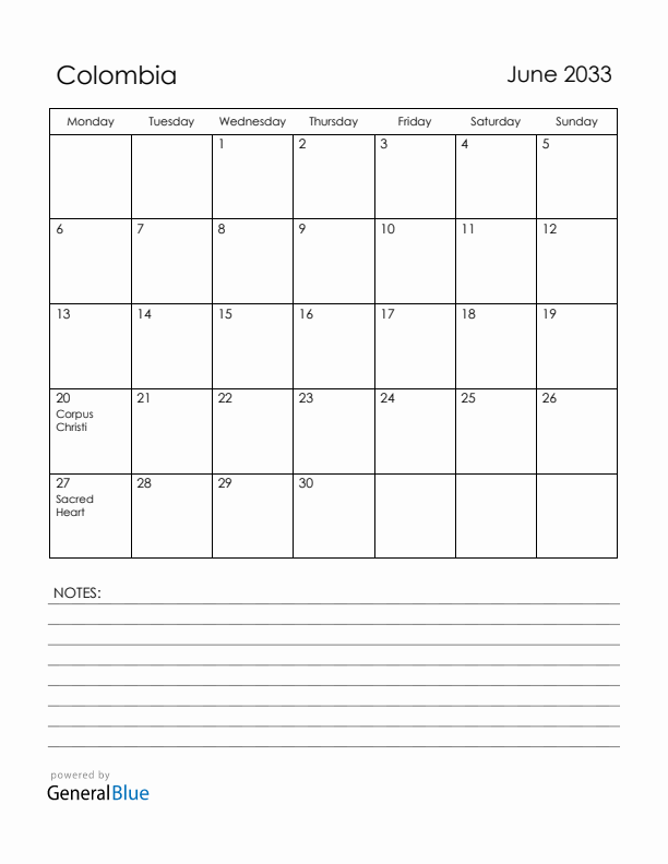 June 2033 Colombia Calendar with Holidays (Monday Start)
