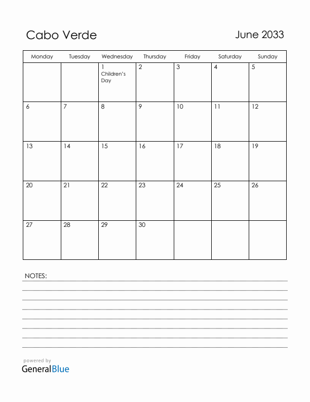 June 2033 Cabo Verde Calendar with Holidays (Monday Start)