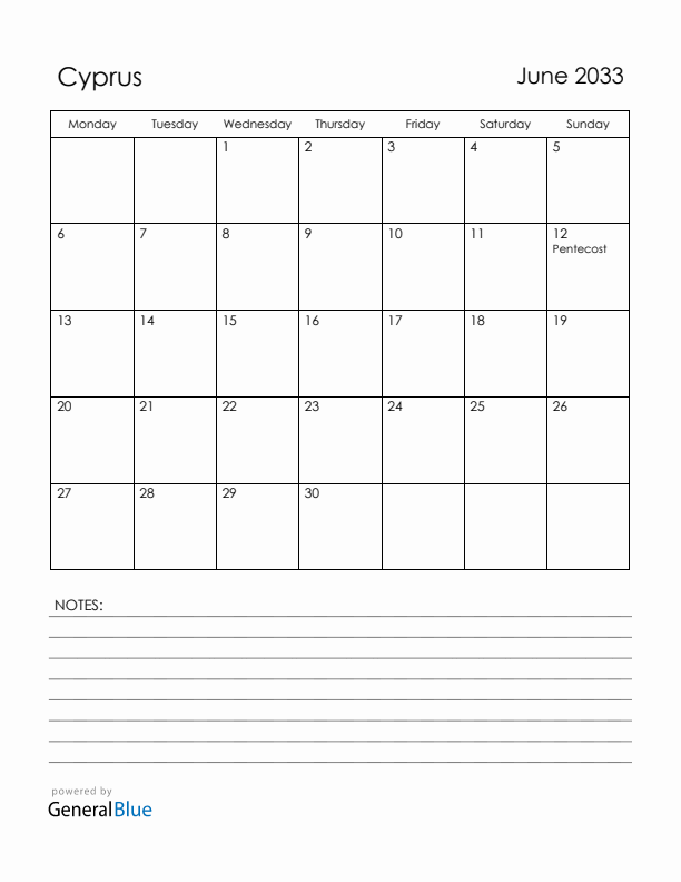 June 2033 Cyprus Calendar with Holidays (Monday Start)
