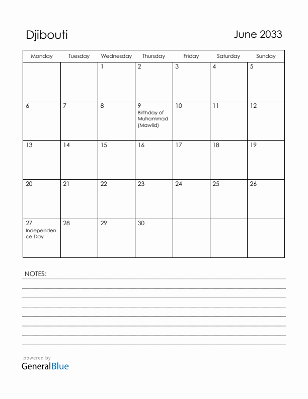 June 2033 Djibouti Calendar with Holidays (Monday Start)