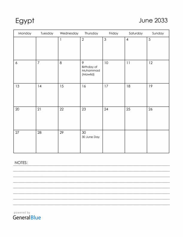 June 2033 Egypt Calendar with Holidays (Monday Start)