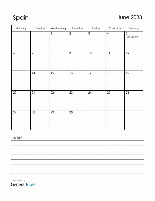 June 2033 Spain Calendar with Holidays (Monday Start)