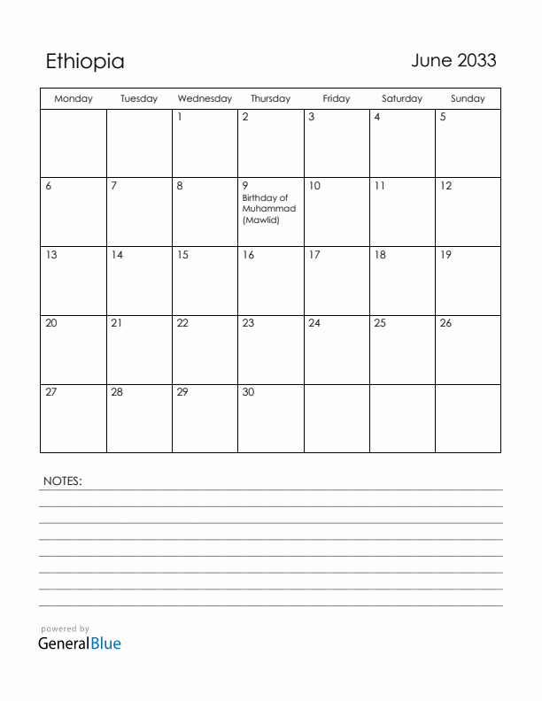 June 2033 Ethiopia Calendar with Holidays (Monday Start)