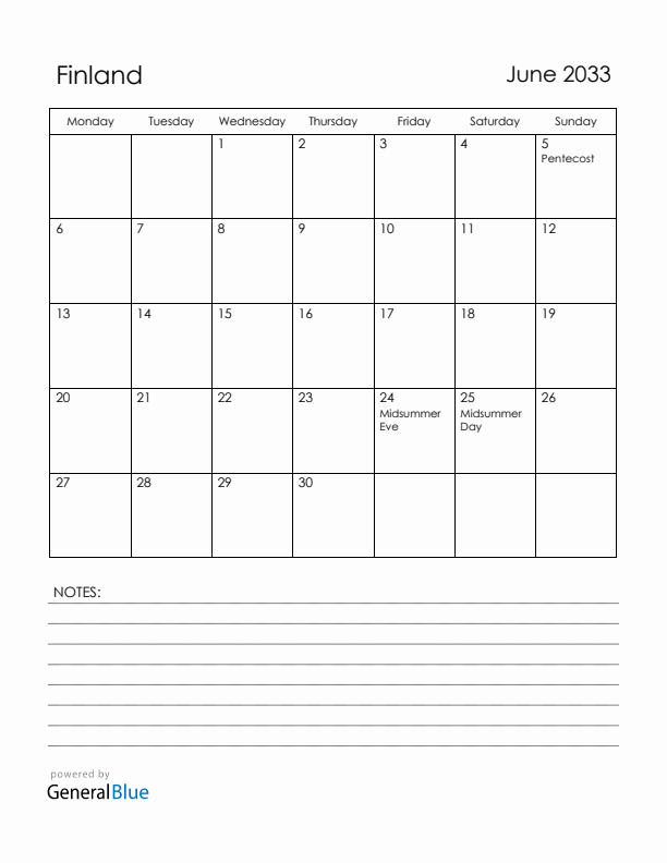 June 2033 Finland Calendar with Holidays (Monday Start)