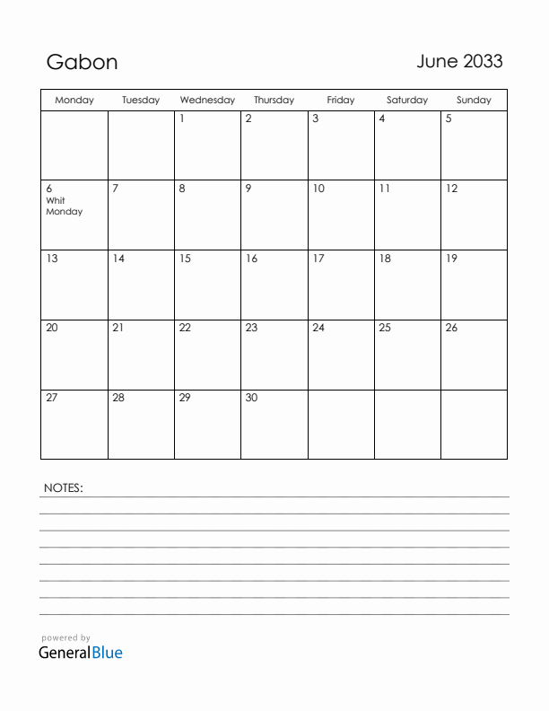 June 2033 Gabon Calendar with Holidays (Monday Start)