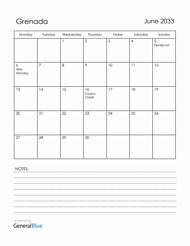 June 2033 Grenada Calendar with Holidays (Monday Start)