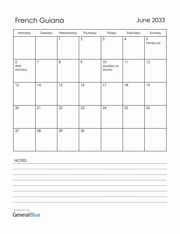 June 2033 French Guiana Calendar with Holidays (Monday Start)