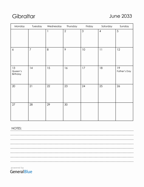June 2033 Gibraltar Calendar with Holidays (Monday Start)