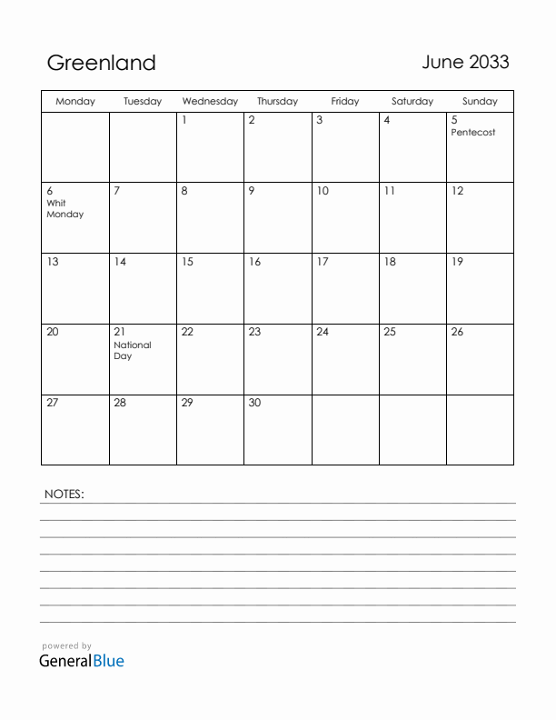 June 2033 Greenland Calendar with Holidays (Monday Start)