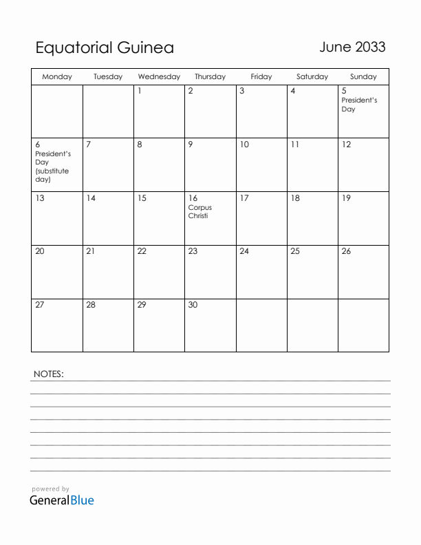 June 2033 Equatorial Guinea Calendar with Holidays (Monday Start)