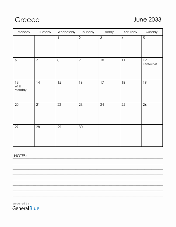 June 2033 Greece Calendar with Holidays (Monday Start)