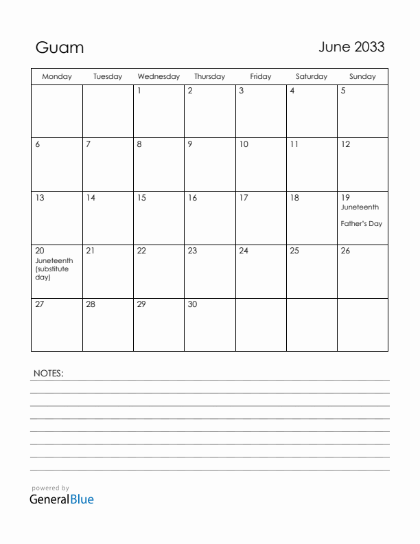 June 2033 Guam Calendar with Holidays (Monday Start)