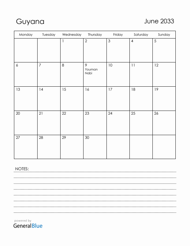 June 2033 Guyana Calendar with Holidays (Monday Start)